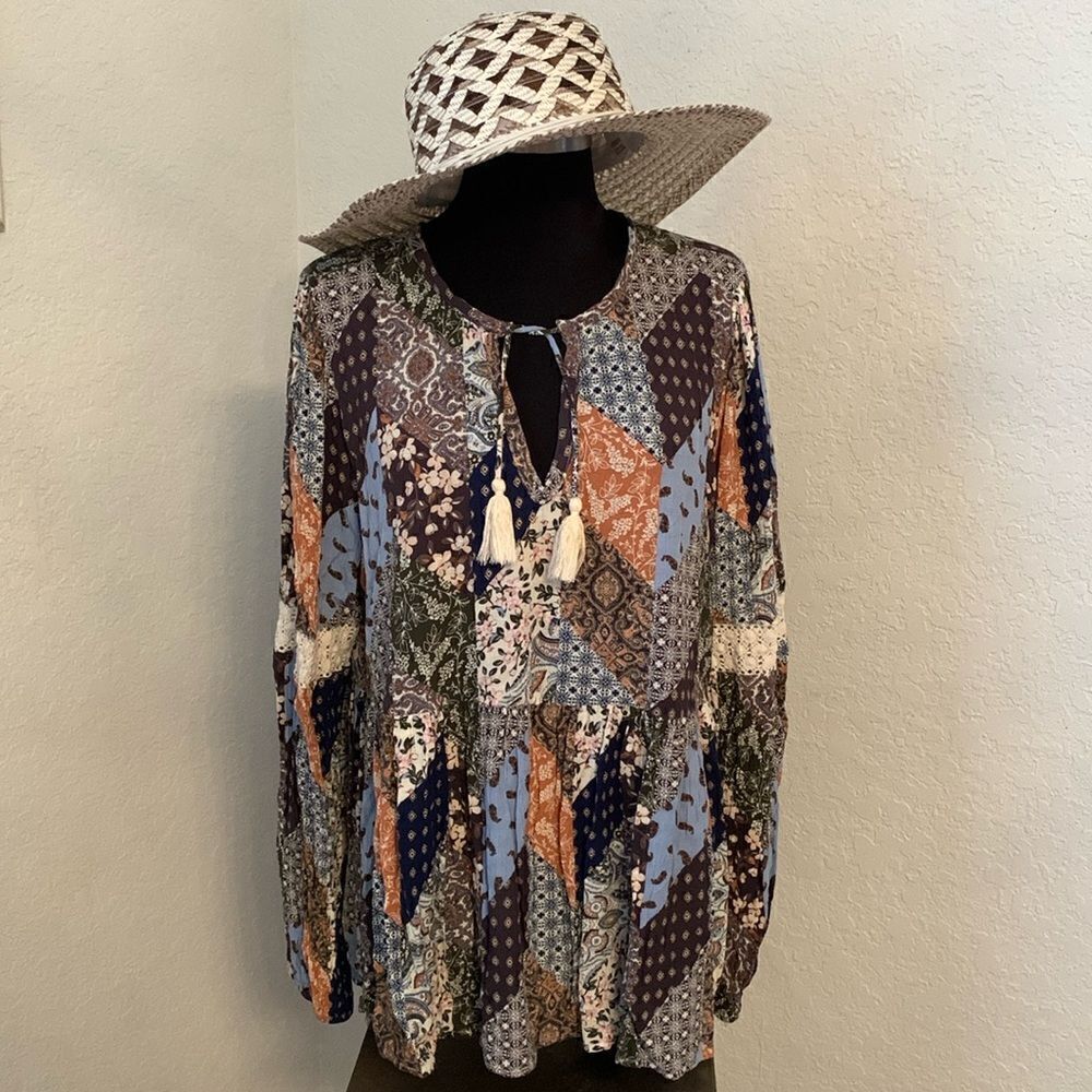 Cleo + Wolf Pobbie Patchwork Tunic Rayon Long Sleeve Top Size XL